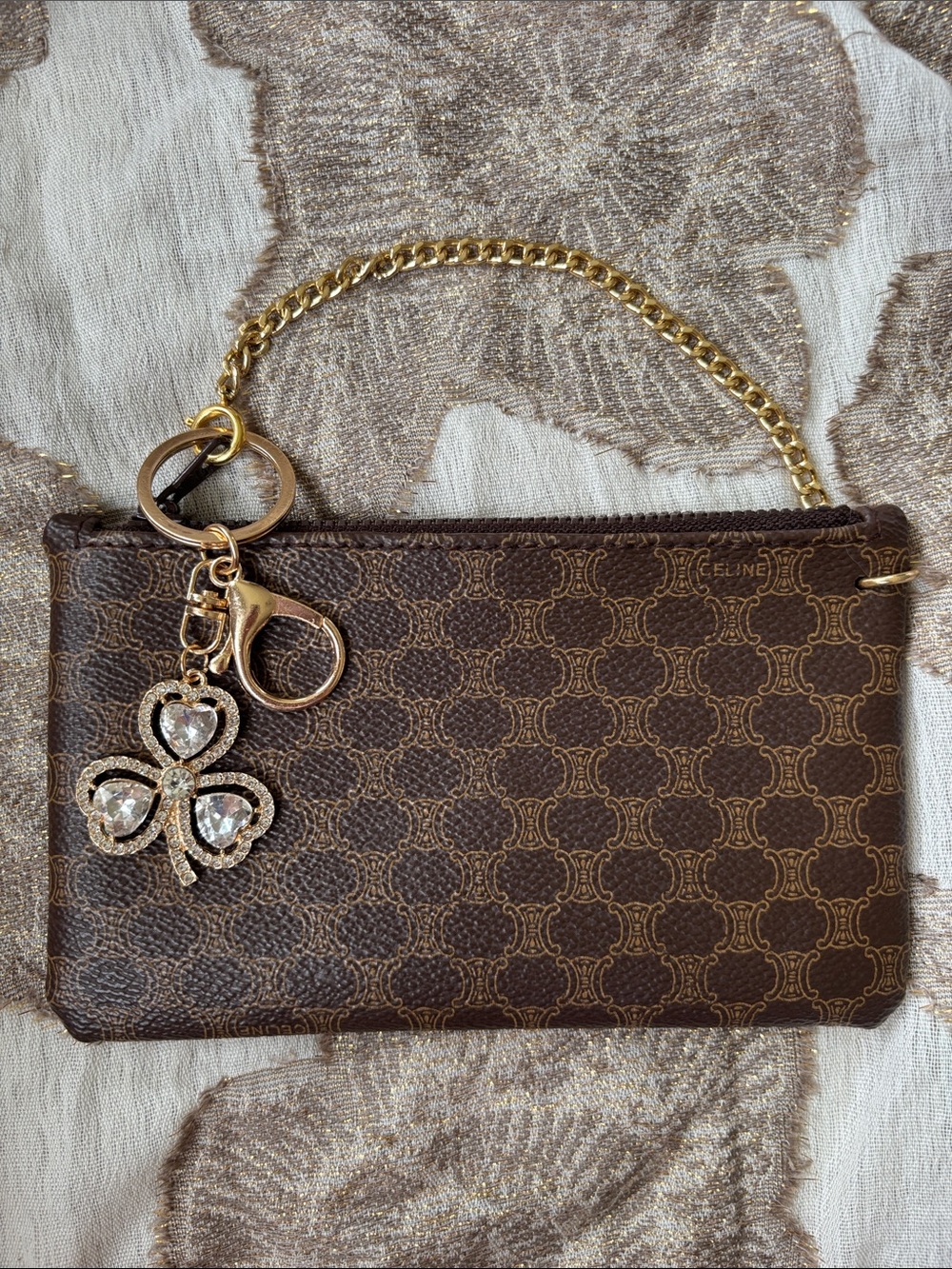 Celine Brown Logo-Print Leather Wristlet w/ Gold Tone Chain & Clover Charm - Picture 1 of 15